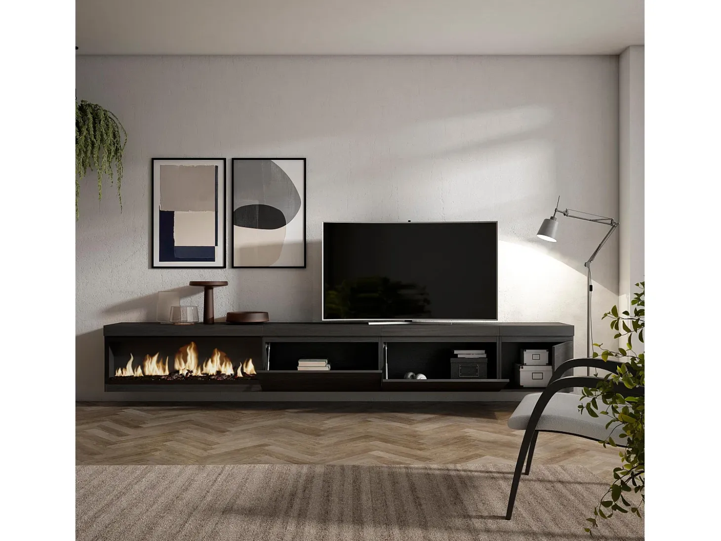 Mueble TV, Televisión, 317x35x45cm, Chimenea eléctrica XXL, Colgado, Suspendido, Negro