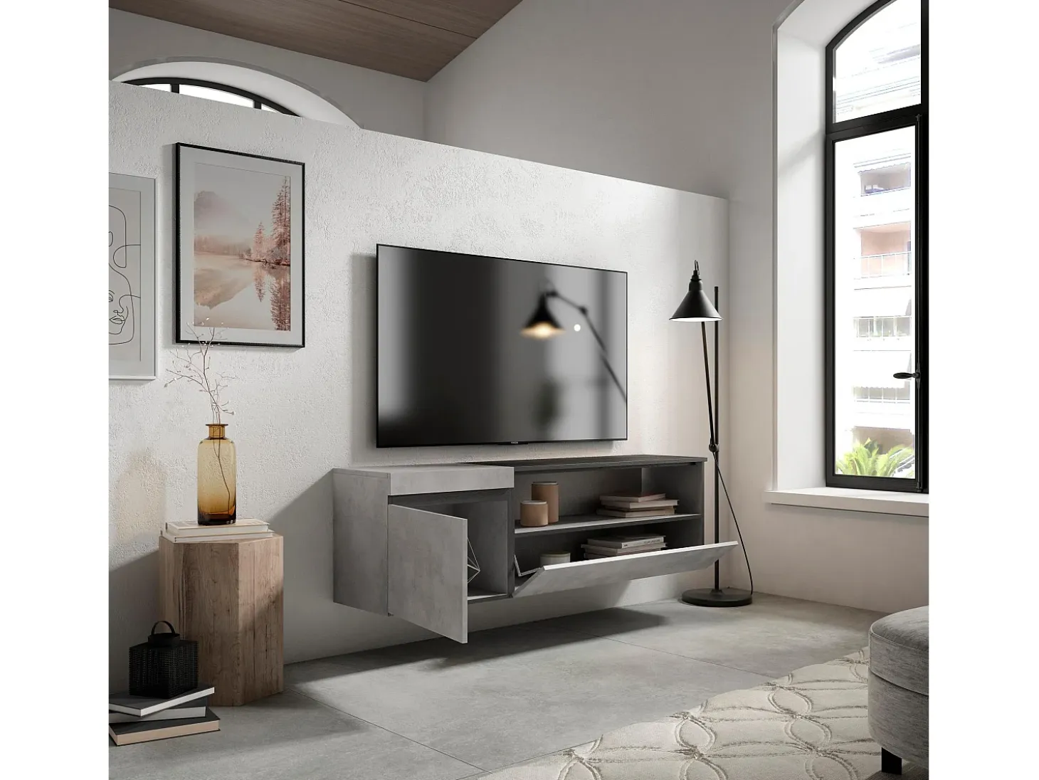Mueble TV, Televisión, 150x35x45cm, Para TV hasta 65", Colgado, Suspendido, Cemento