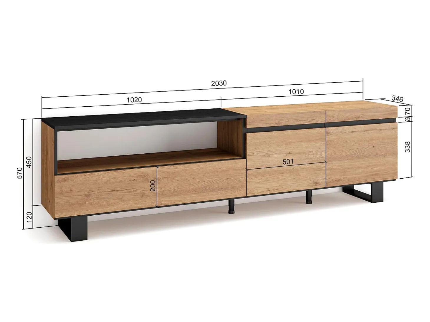 Mueble TV, Televisión, 200x35x57cm, Para TV hasta 80", Diseño industrial, Roble y negro