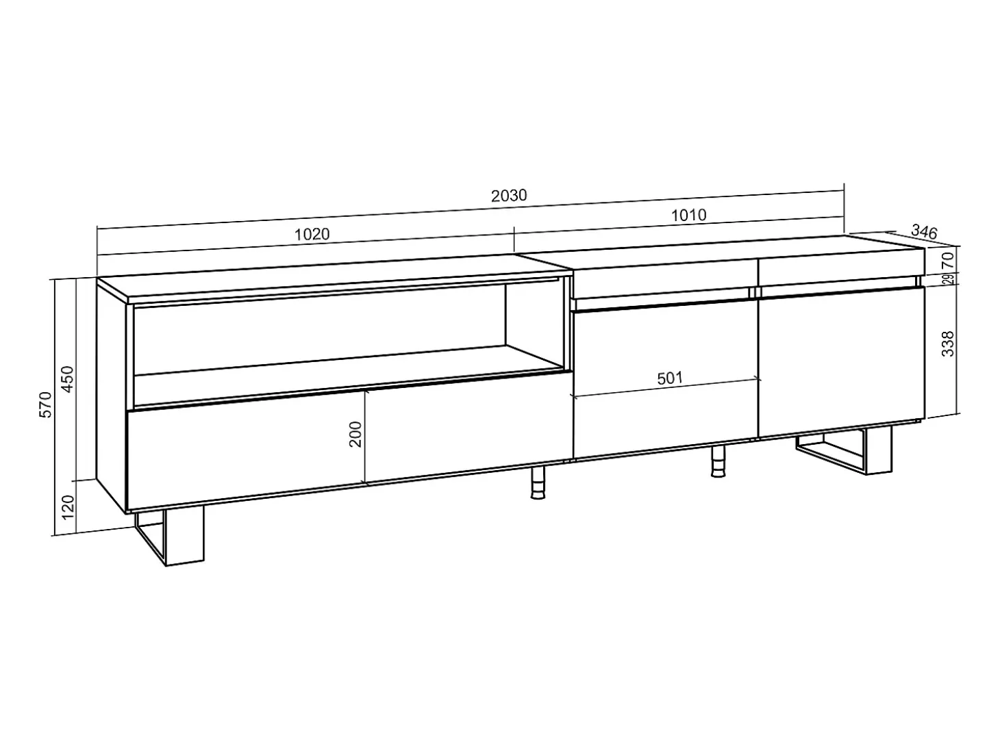 Mueble TV, Televisión, 200x35x57cm, Para TV hasta 80", Diseño industrial, Roble y negro