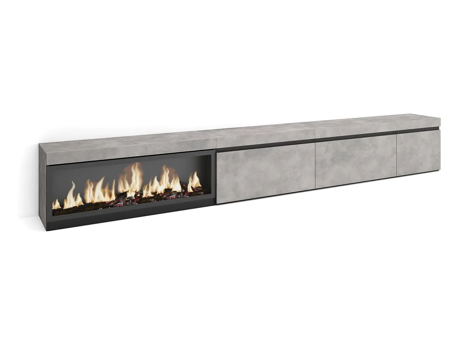 Mueble TV, Televisión, 317x35x45cm, Chimenea eléctrica XXL, Cemento