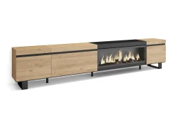 Mueble TV, Televisión, 288x35x57cm, Para TV gran formato, Chimenea eléctrica XXL, Diseño industrial, Roble y negro