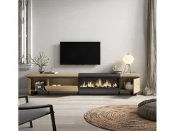Mueble TV, Televisión, 288x35x57cm, Para TV gran formato, Chimenea eléctrica XXL, Diseño industrial, Roble y negro