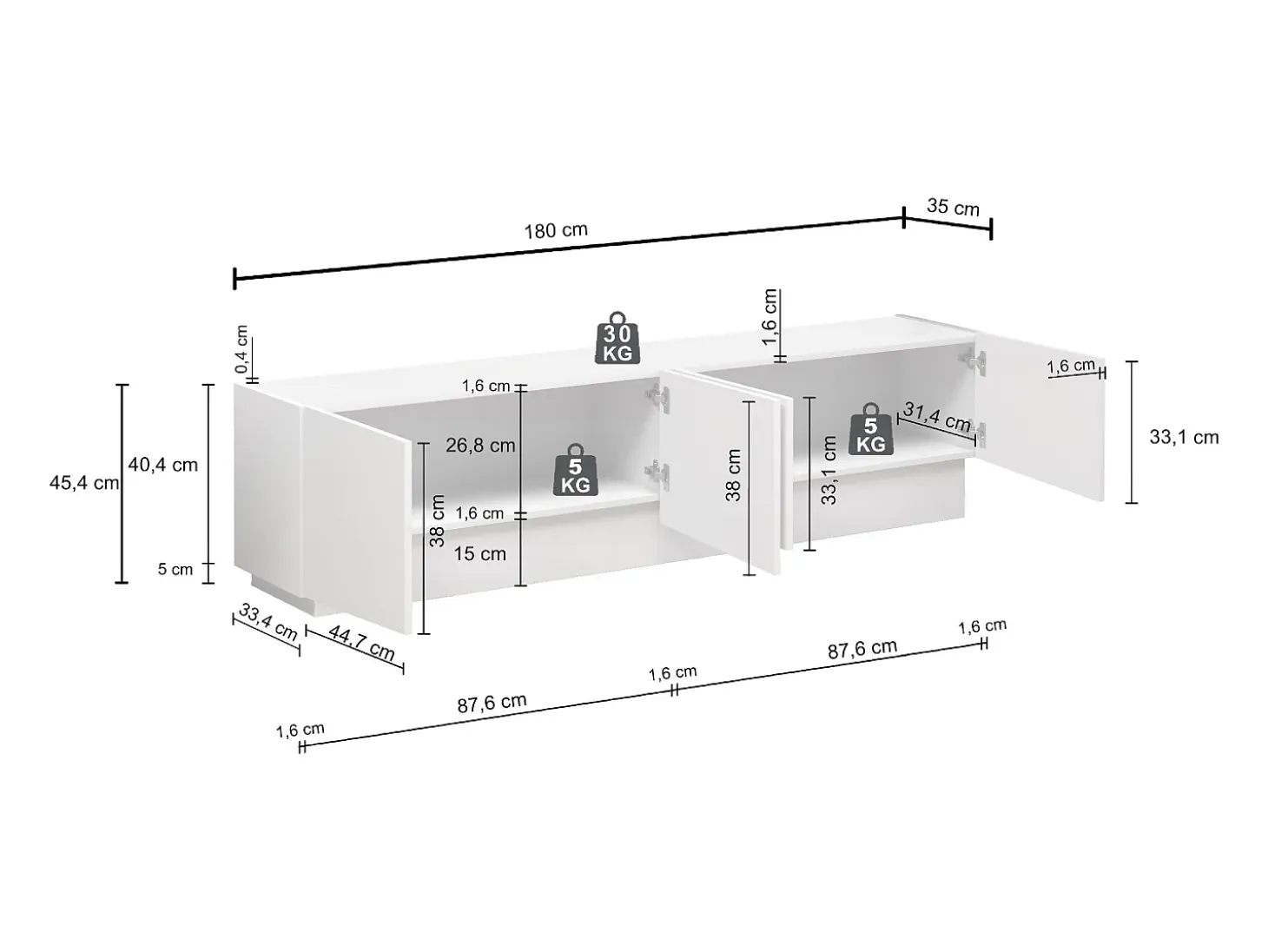 Mueble TV Vela con 4 puertas en color blanco brillo 180x35x45,4 cm