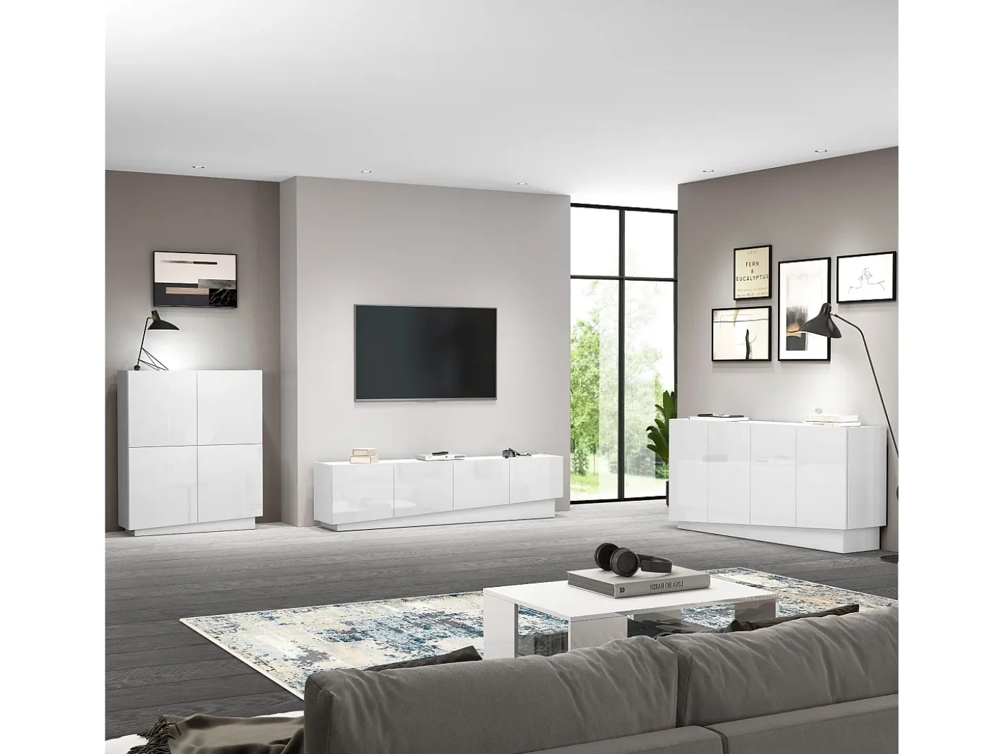 Mueble TV Vela con 4 puertas en color blanco brillo 180x35x45,4 cm