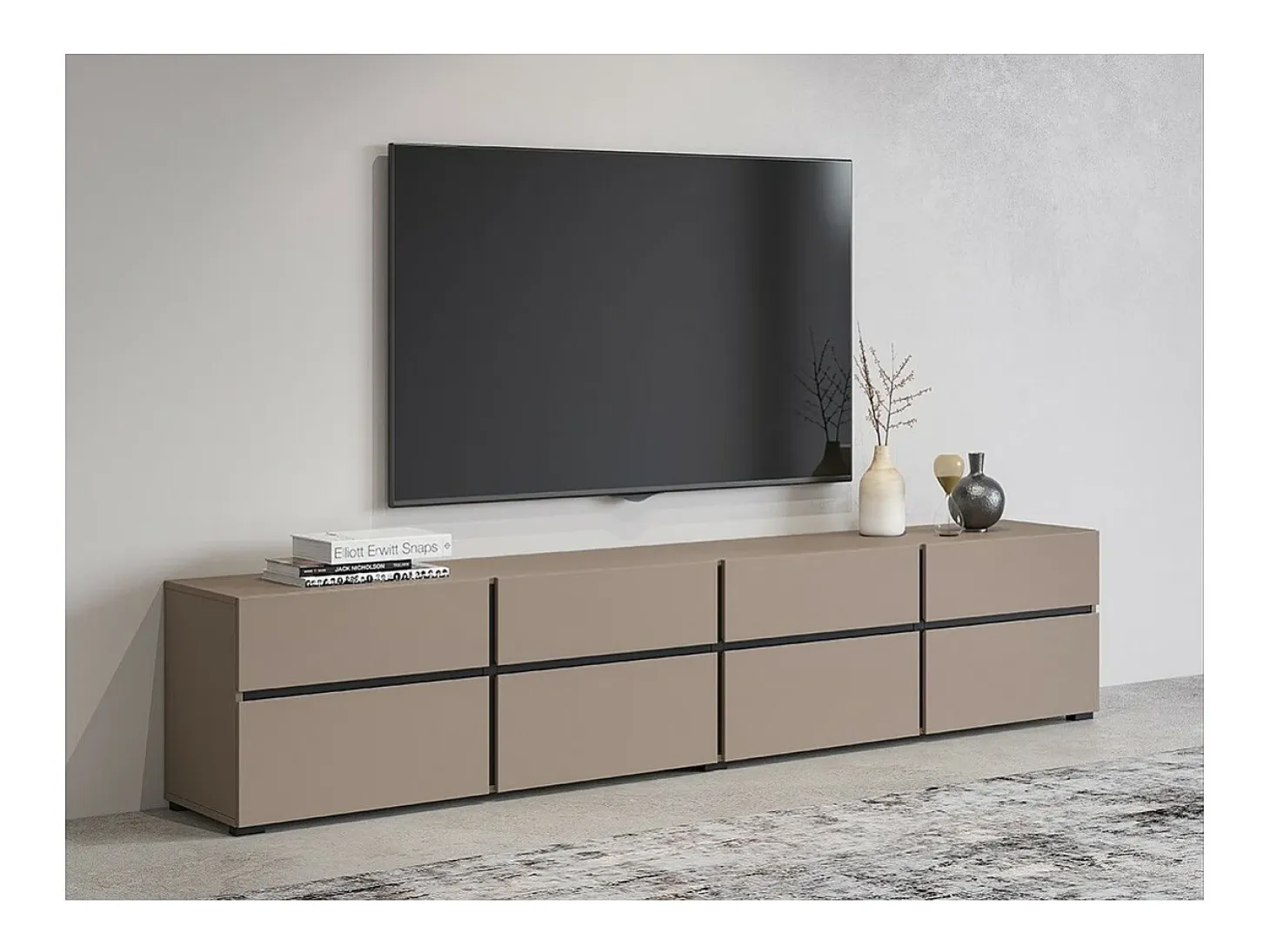 Mueble TV XL en colores beige y negro 225cm colección HAVANA. Mueble de diseño con 4 puertas y 4 cajones.