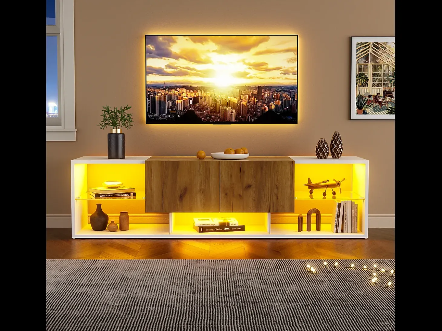 Mueble TV 160x40x42 cm - con 2 cajones - compatible con televisores de hasta 70 pulgadas - blanco/natural
