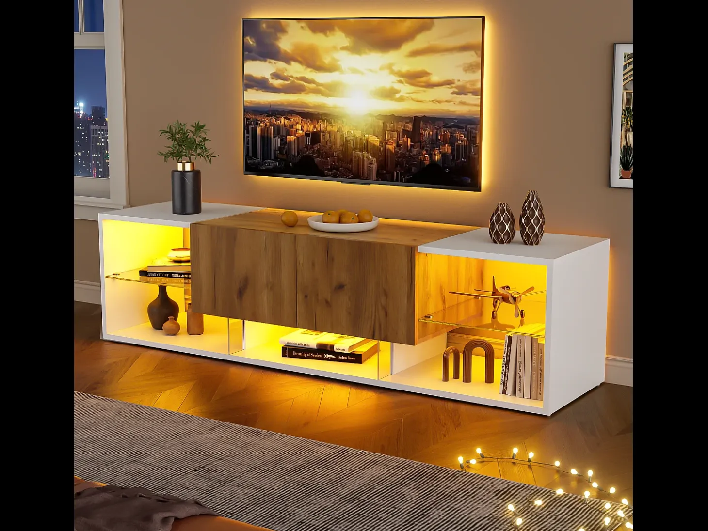 Mueble TV 160x40x42 cm - con 2 cajones - compatible con televisores de hasta 70 pulgadas - blanco/natural