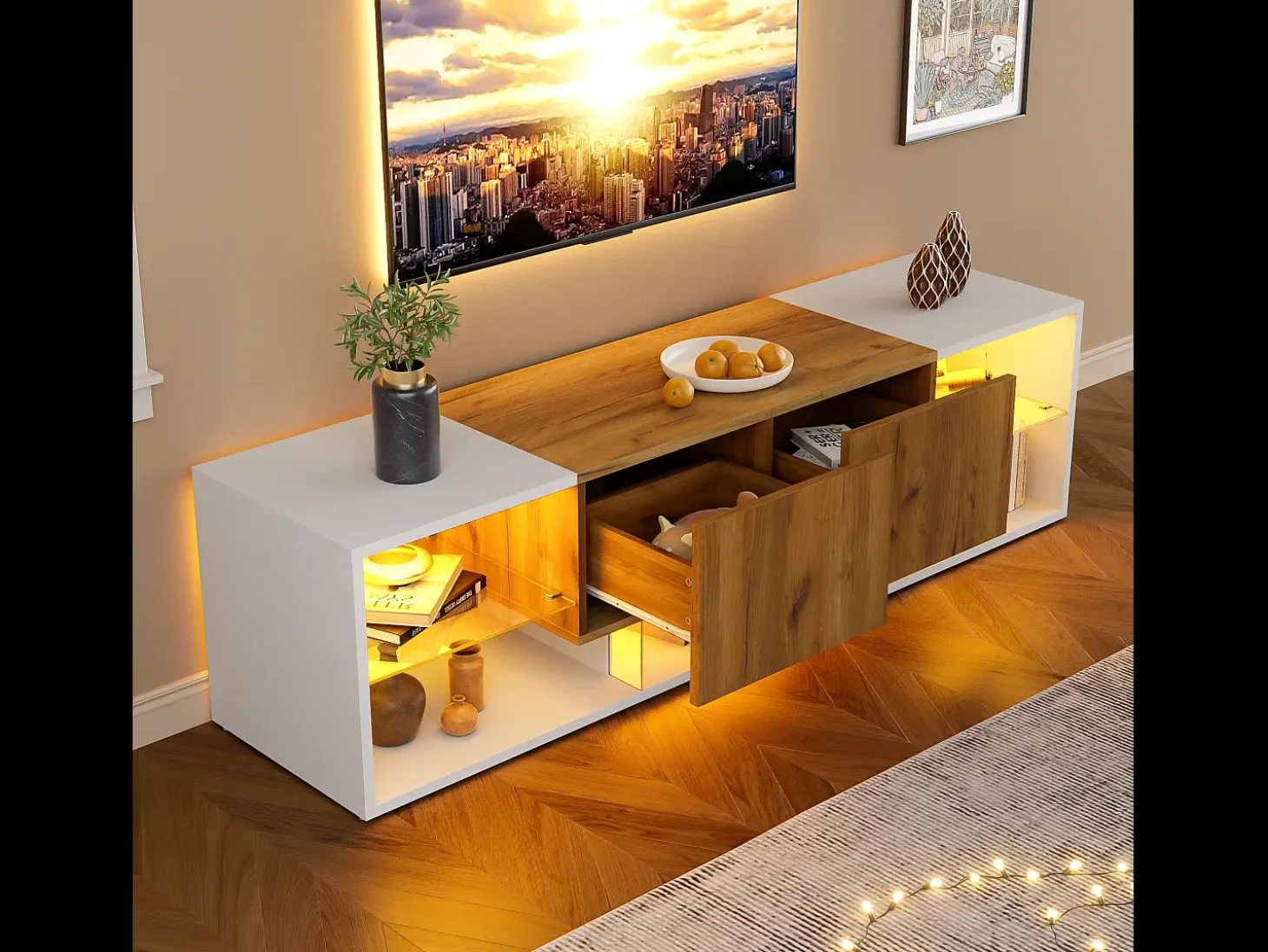 Mueble TV 160x40x42 cm - con 2 cajones - compatible con televisores de hasta 70 pulgadas - blanco/natural