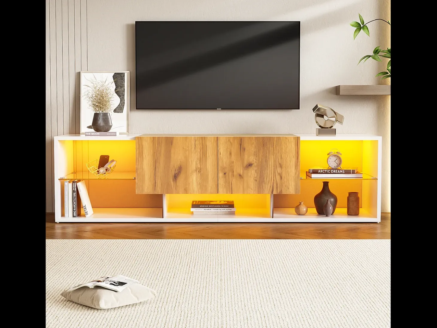Mueble TV 160x40x42 cm - con 2 cajones - compatible con televisores de hasta 70 pulgadas - blanco/natural