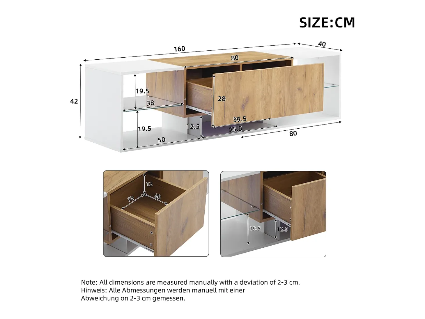 Mueble TV 160x40x42 cm - con 2 cajones - compatible con televisores de hasta 70 pulgadas - blanco/natural