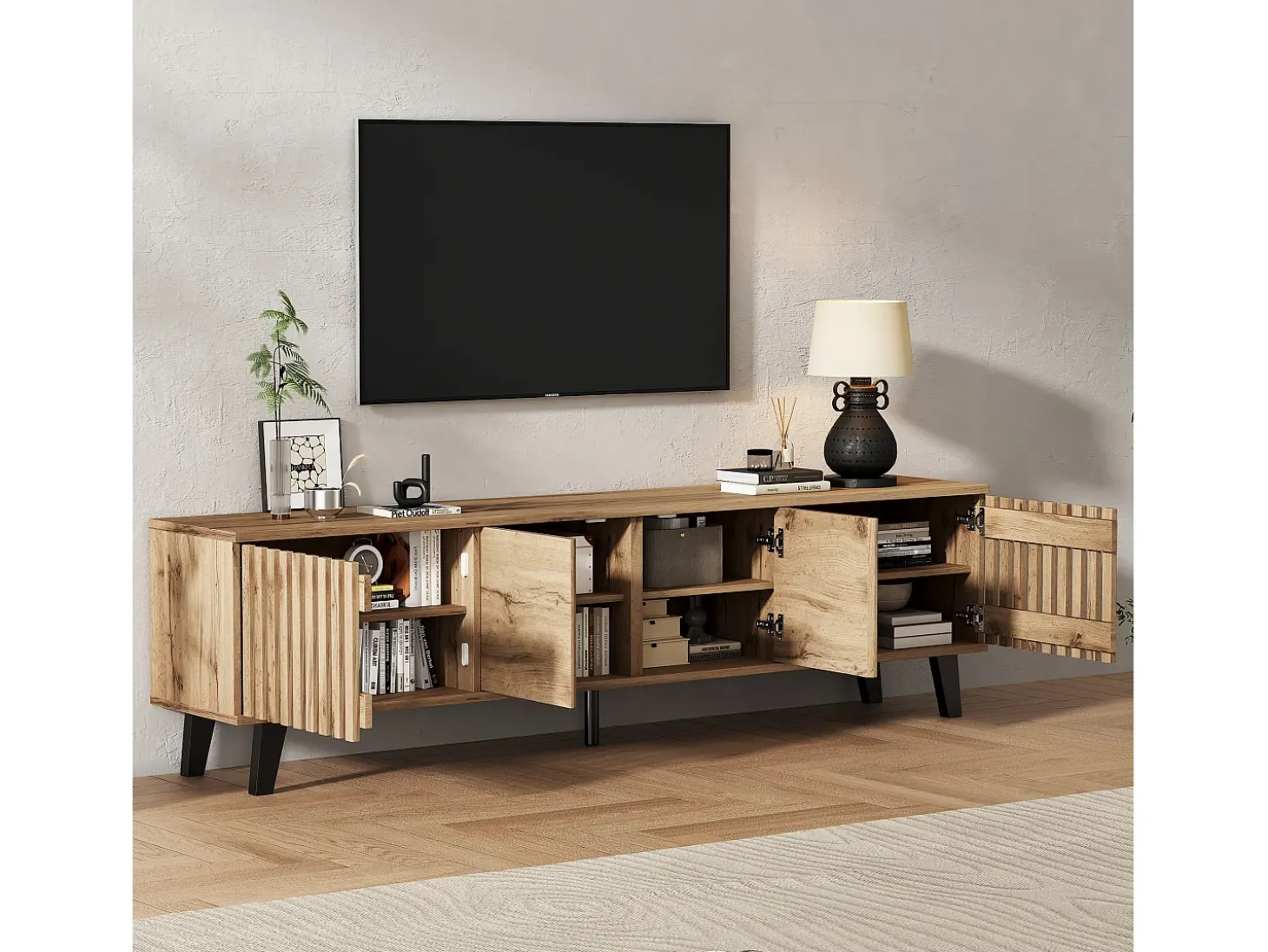 Mueble TV 180x40x55 cm - con 4 puertas - Estilo escandinavo - Natural