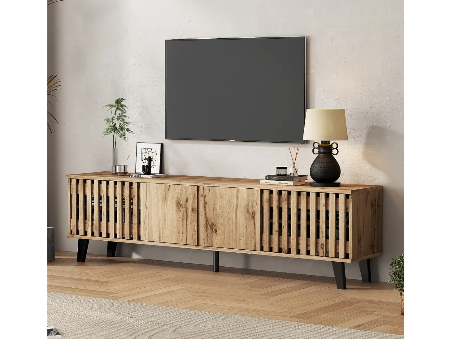 Mueble TV 180x40x55 cm - con 4 puertas - Estilo escandinavo - Natural