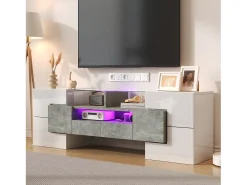 Mueble TV 145x30x51 cm - con iluminación LED - con 4 puertas - 2 cajones - estantes - blanco