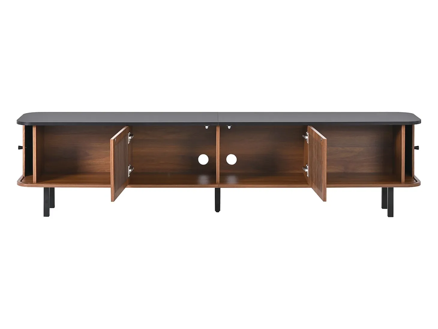 Mueble TV 190x35x45 cm con 2 puertas correderas y 2 puertas de rejilla - Color madera oscura y negro