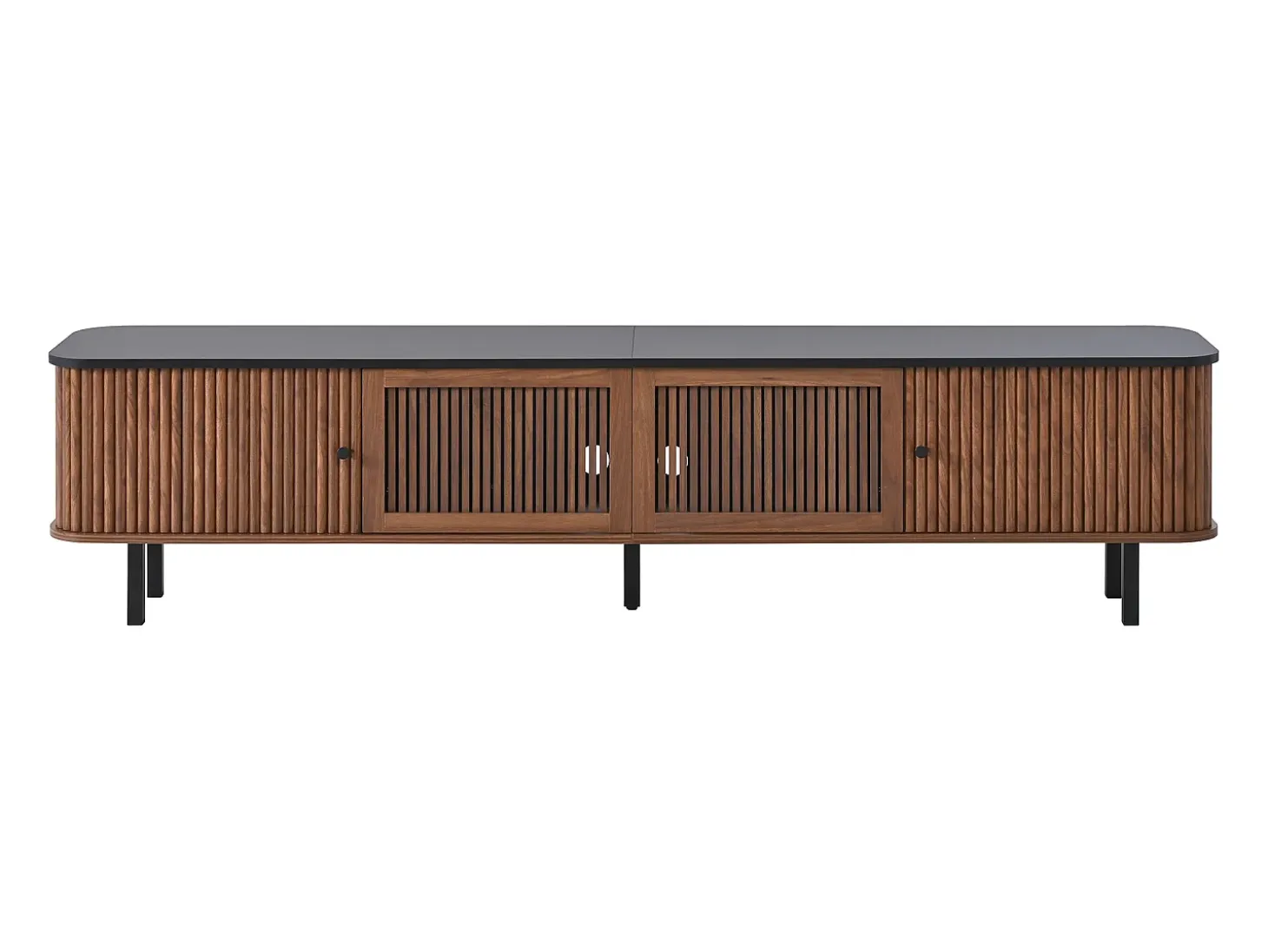 Mueble TV 190x35x45 cm con 2 puertas correderas y 2 puertas de rejilla - Color madera oscura y negro