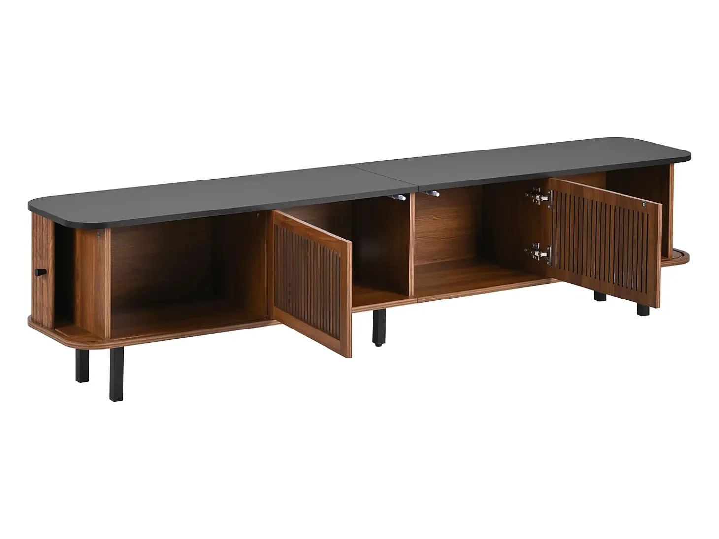 Mueble TV 190x35x45 cm con 2 puertas correderas y 2 puertas de rejilla - Color madera oscura y negro