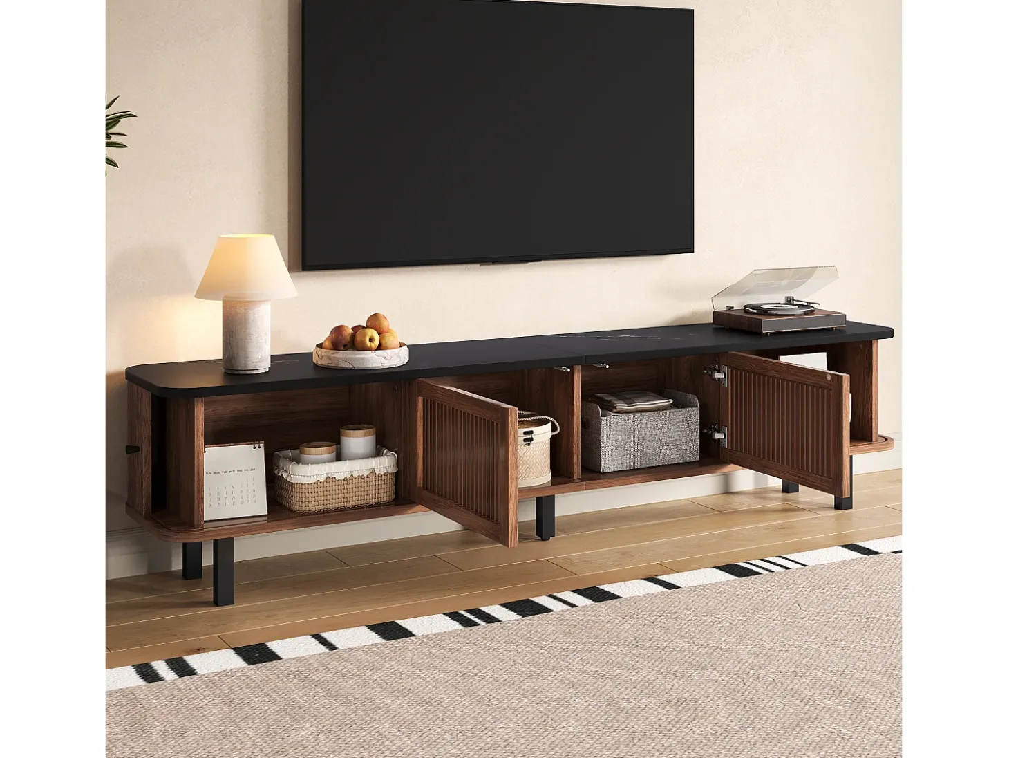 Mueble TV 190x35x45 cm con 2 puertas correderas y 2 puertas de rejilla - Color madera oscura y negro