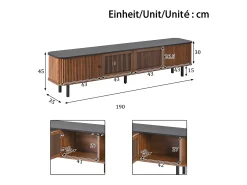 Mueble TV 190x35x45 cm con 2 puertas correderas y 2 puertas de rejilla - Color madera oscura y negro
