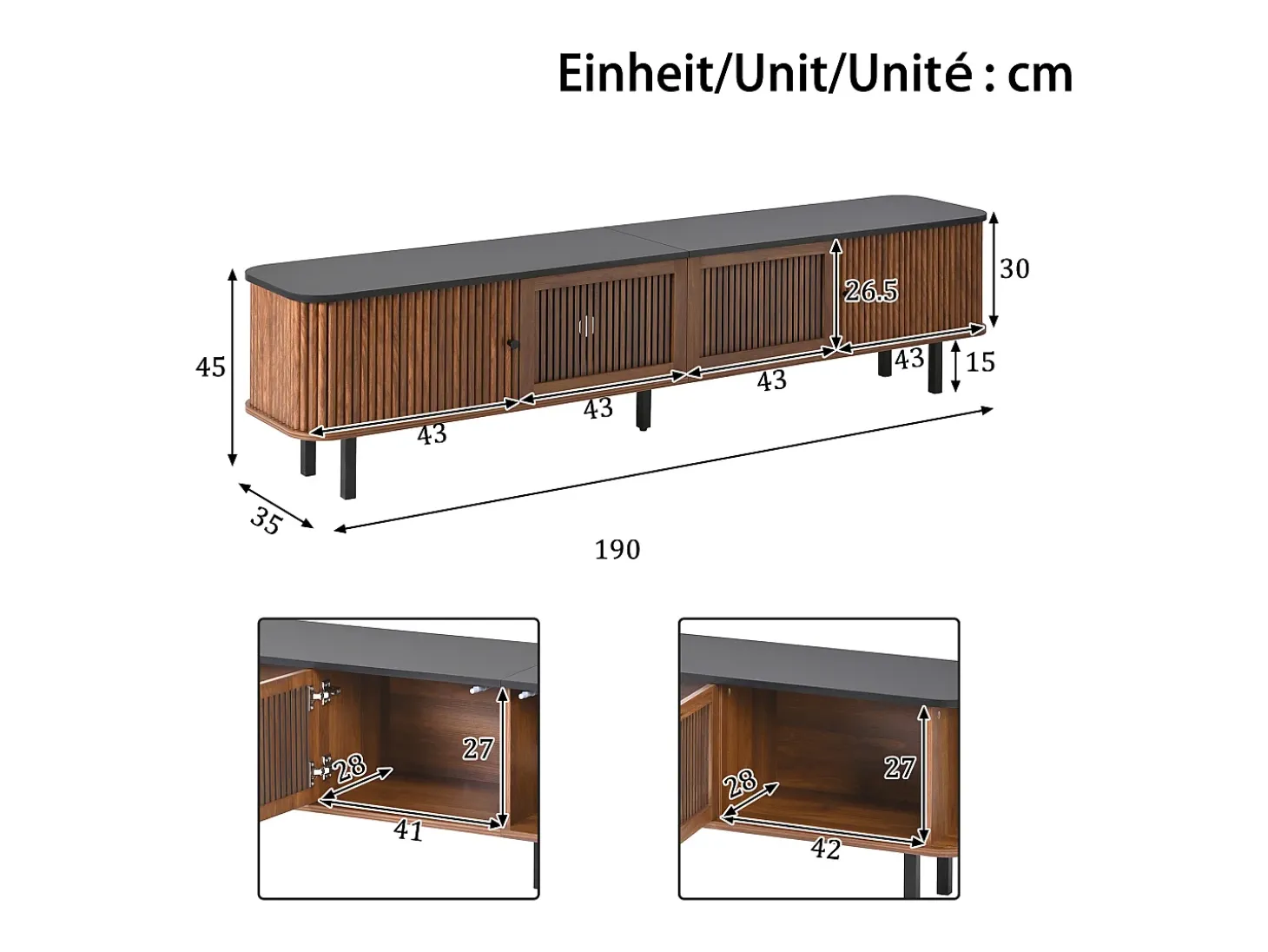 Mueble TV 190x35x45 cm con 2 puertas correderas y 2 puertas de rejilla - Color madera oscura y negro