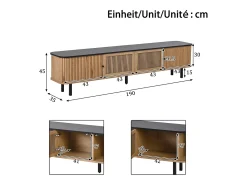 Mueble TV 190x35x45 cm con 2 puertas correderas y 2 puertas de rejilla - Color madera y negro