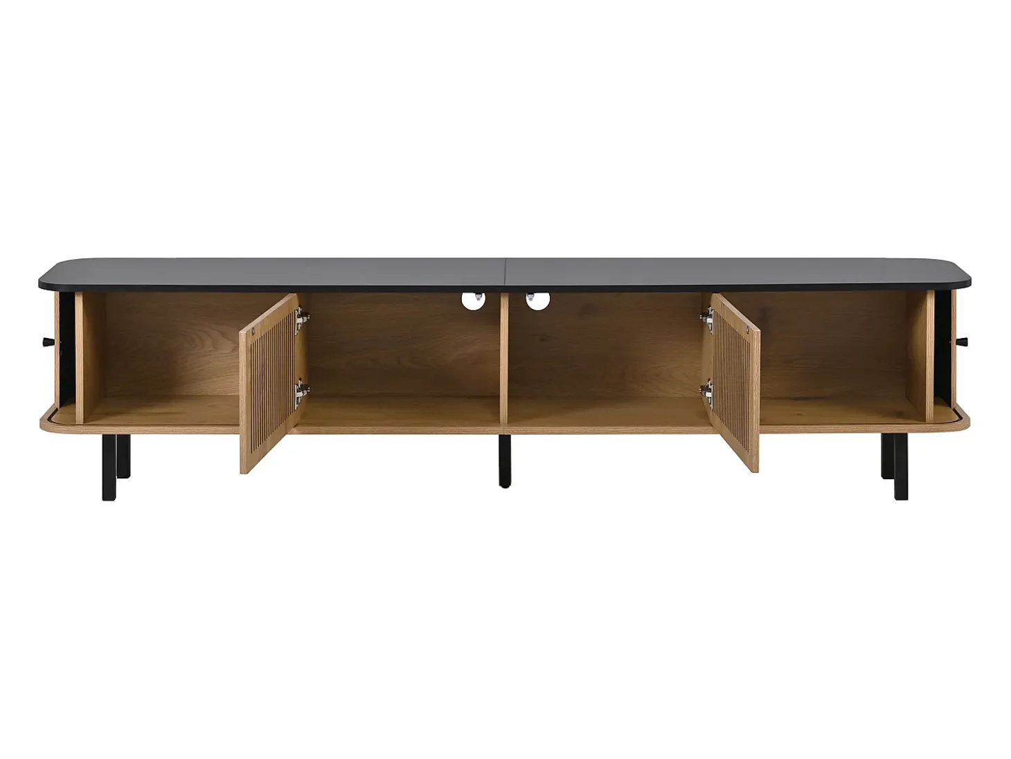 Mueble TV 190x35x45 cm con 2 puertas correderas y 2 puertas de rejilla - Color madera y negro