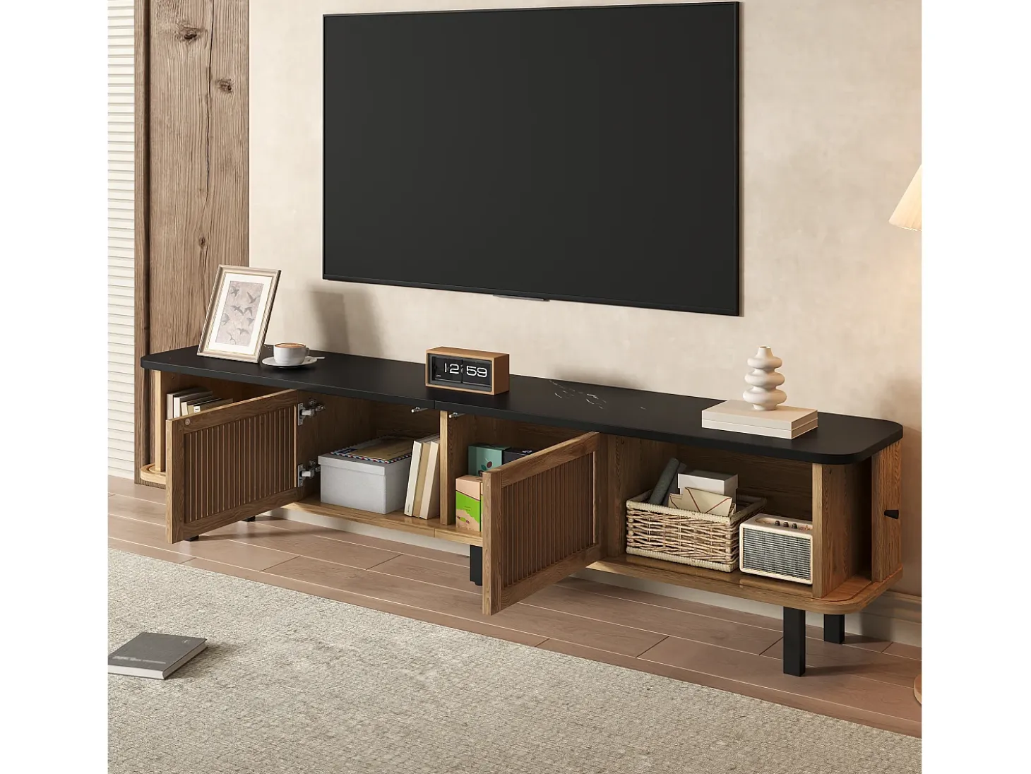 Mueble TV 190x35x45 cm con 2 puertas correderas y 2 puertas de rejilla - Color madera y negro