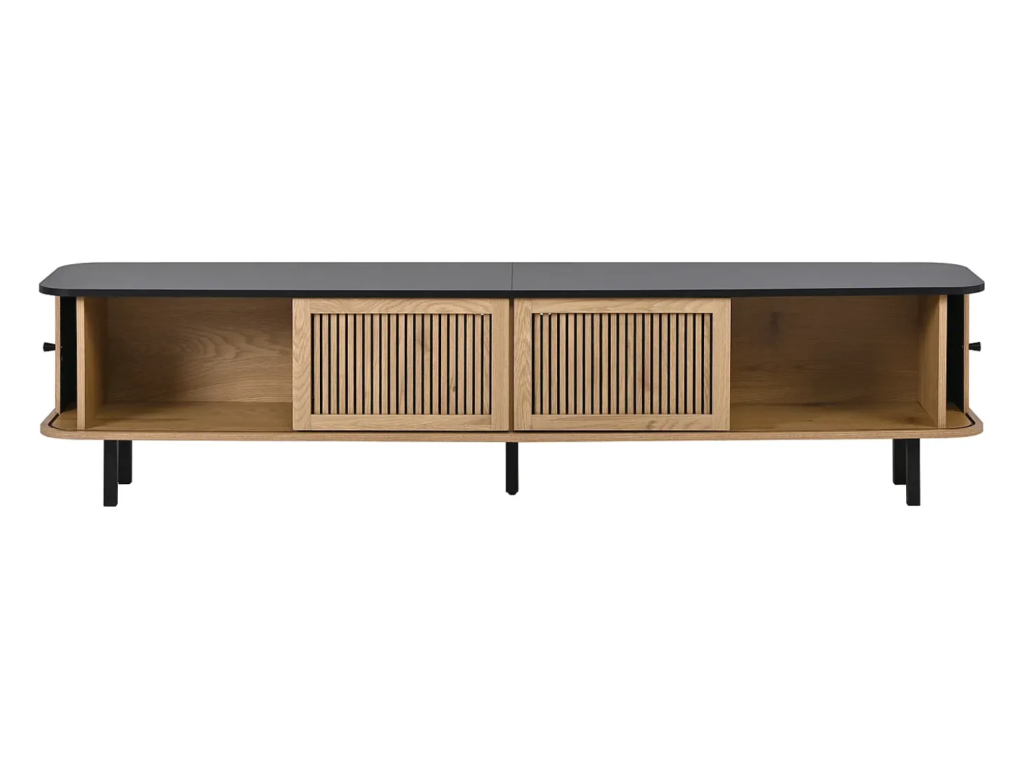 Mueble TV 190x35x45 cm con 2 puertas correderas y 2 puertas de rejilla - Color madera y negro