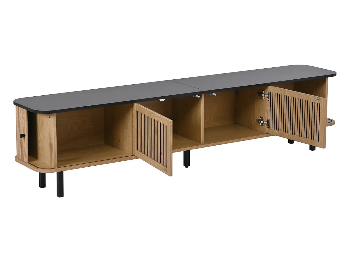 Mueble TV 190x35x45 cm con 2 puertas correderas y 2 puertas de rejilla - Color madera y negro