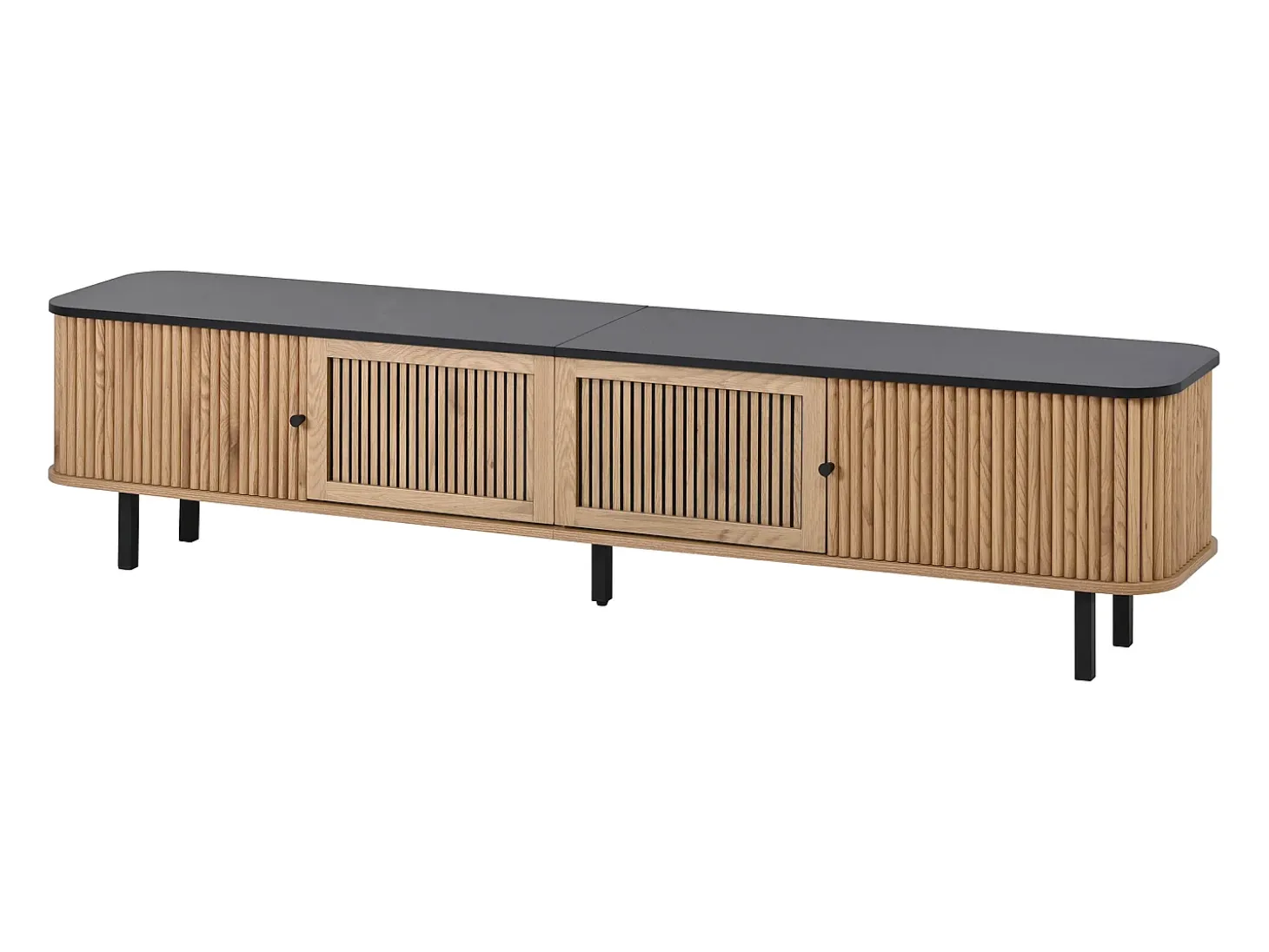 Mueble TV 190x35x45 cm con 2 puertas correderas y 2 puertas de rejilla - Color madera y negro