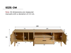 Mueble TV 180x40x54cm con 2 puertas y 1 cajón de ratán, 3 nichos, cuerpo en madera natural clara