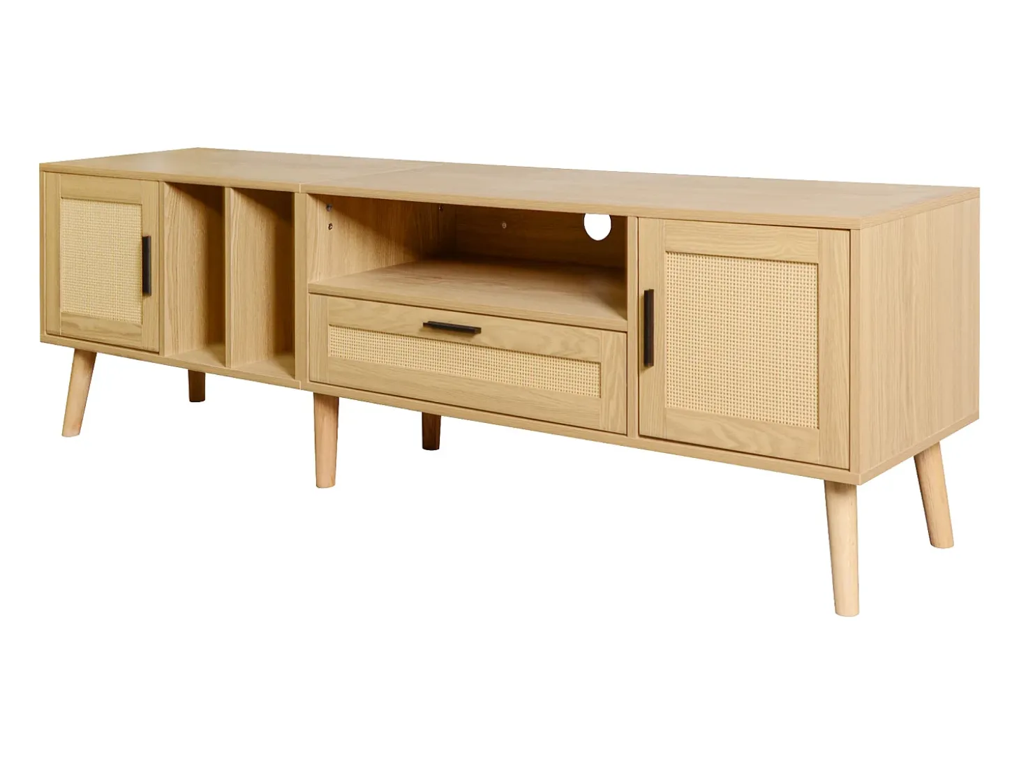 Mueble TV 180x40x54cm con 2 puertas y 1 cajón de ratán, 3 nichos, cuerpo en madera natural clara