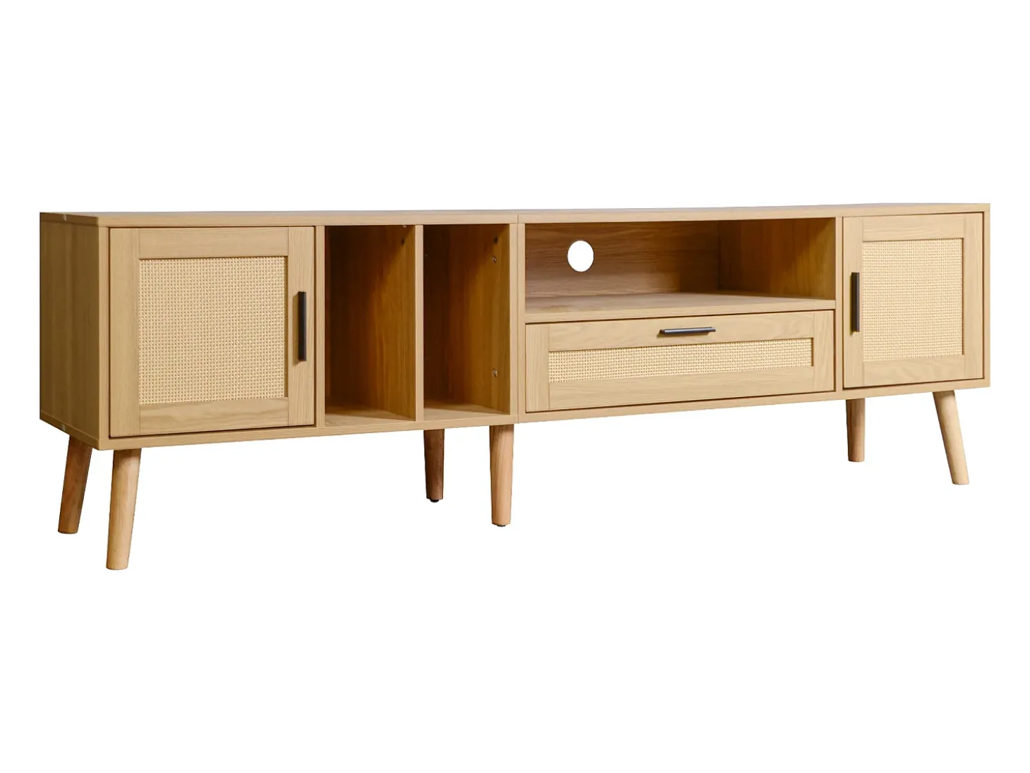 Mueble TV 180x40x54cm con 2 puertas y 1 cajón de ratán, 3 nichos, cuerpo en madera natural clara