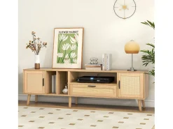 Mueble TV 180x40x54cm con 2 puertas y 1 cajón de ratán, 3 nichos, cuerpo en madera natural clara