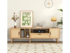Mueble TV 180x40x54cm con 2 puertas y 1 cajón de ratán, 3 nichos, cuerpo en madera natural clara