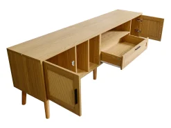 Mueble TV 180x40x54cm con 2 puertas y 1 cajón de ratán, 3 nichos, cuerpo en madera natural clara