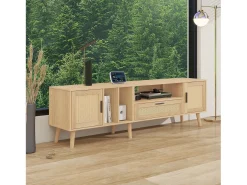 Mueble TV 180x40x54cm con 2 puertas y 1 cajón de ratán, 3 nichos, cuerpo en madera natural clara