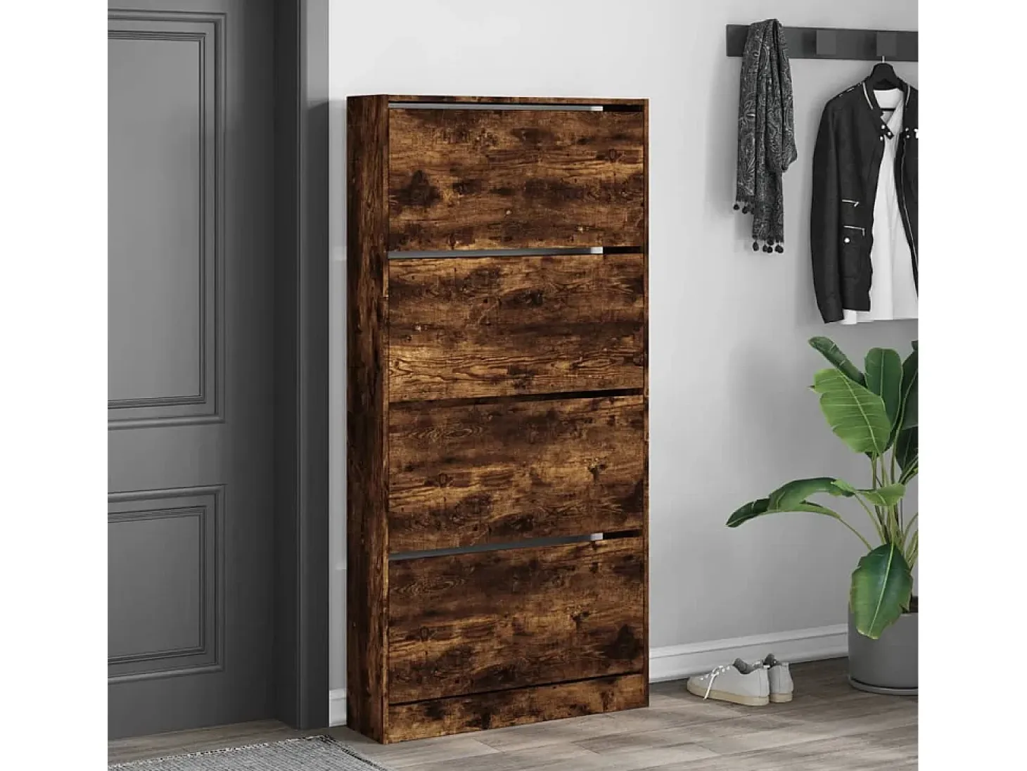 Mueble zapatero 4 cajones abatibles roble ahumado 80x21x163,5cm ES455197