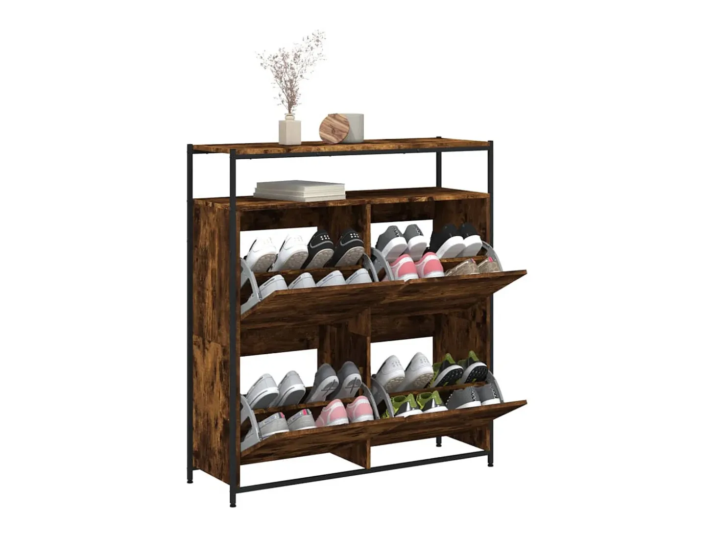 Mueble zapatero 4 cajones abatibles roble ahumado 100x34x112 cm ES562149
