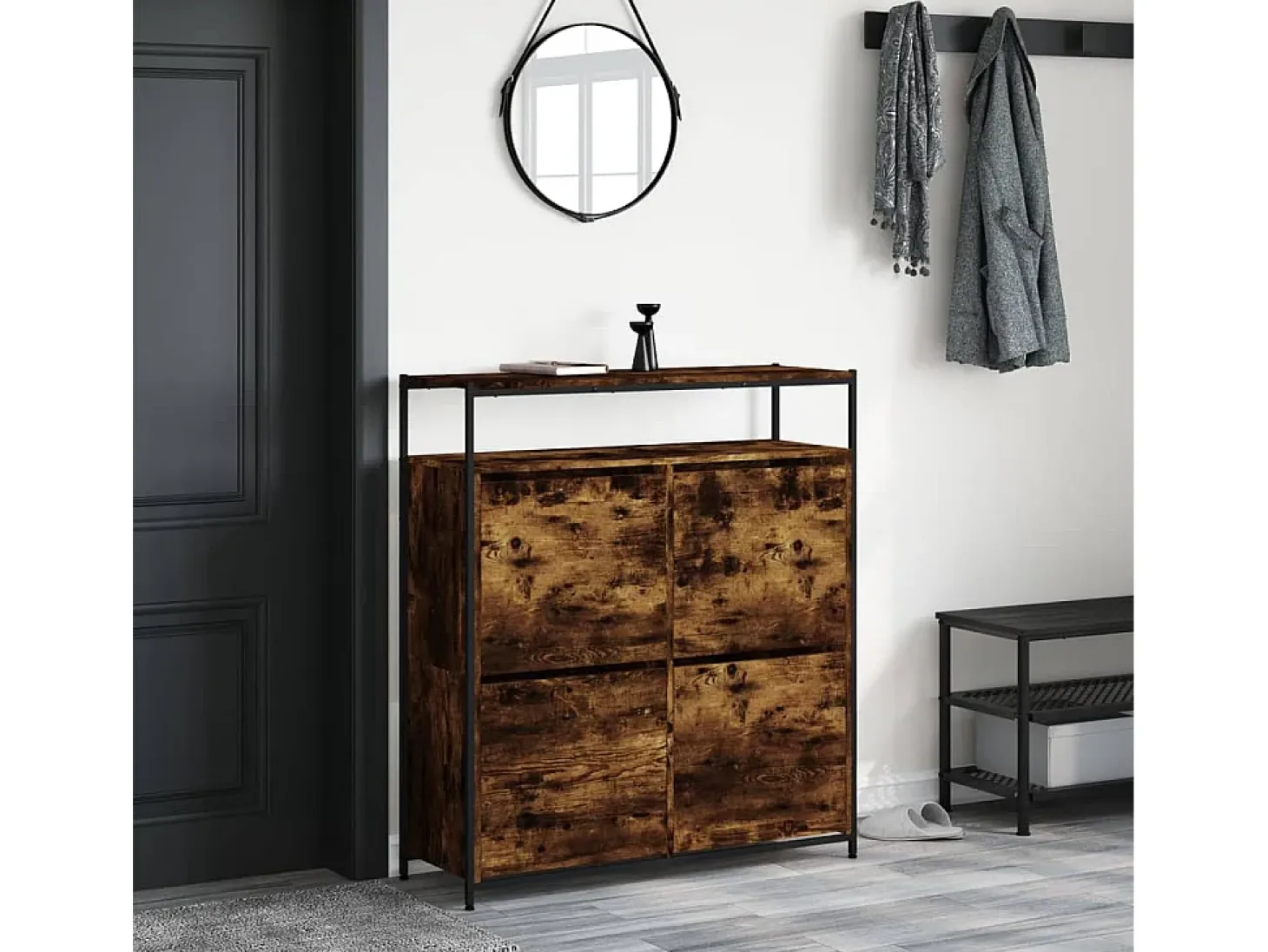 Mueble zapatero 4 cajones abatibles roble ahumado 100x34x112 cm ES562149