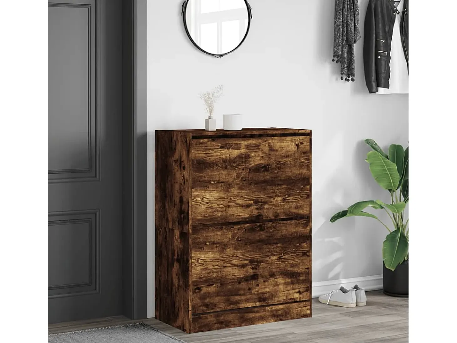 Mueble zapatero 2 cajones abatibles roble ahumado 80x42x108 cm ES807671