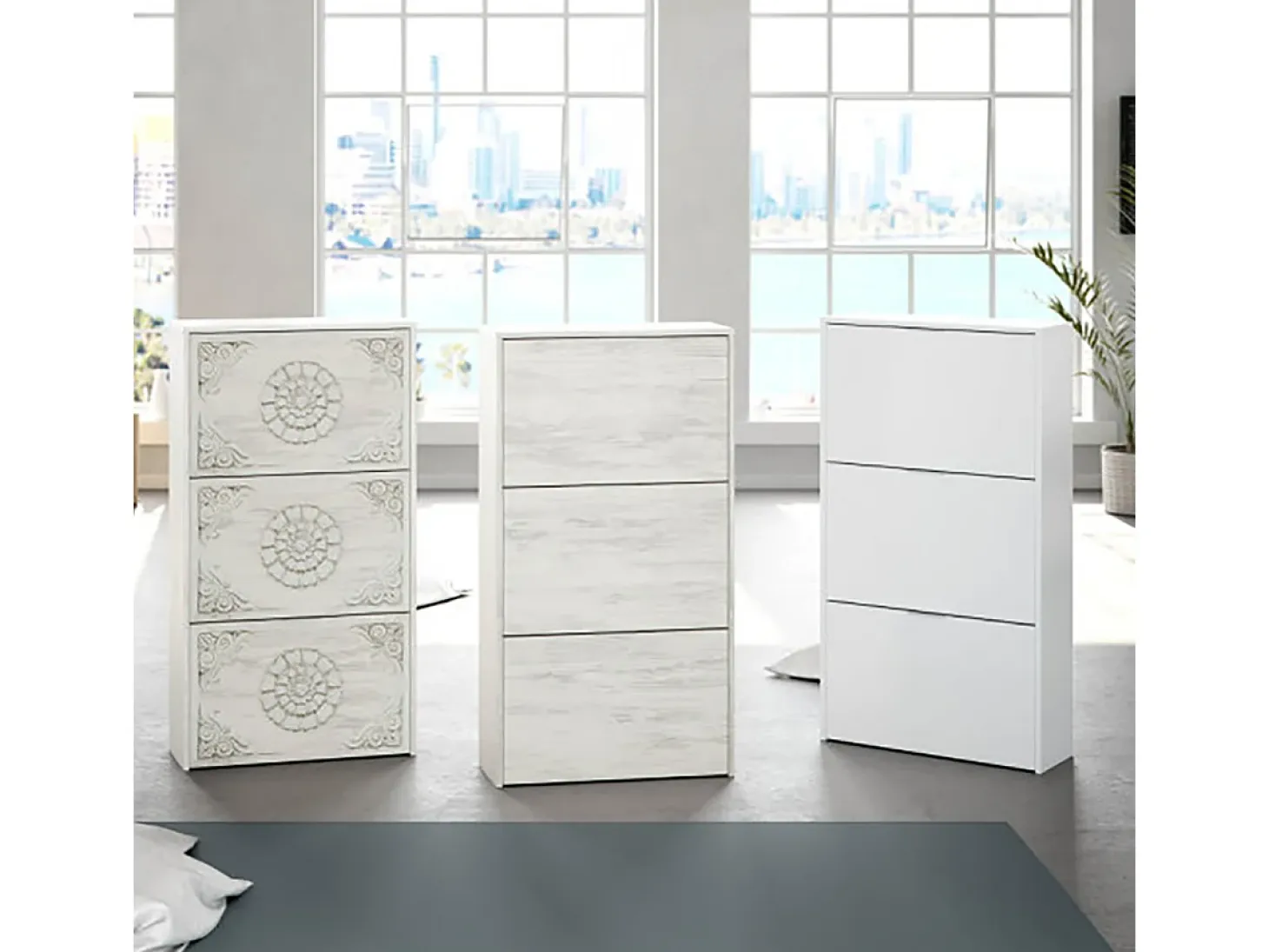 Mueble Zapatero 3 Puertas con Gran Capacidad con Acabado en Color Roble Gris Blanqueado - Dim: 60 cm (Ancho) x 113 cm (Alto) x 22 cm (Fondo)