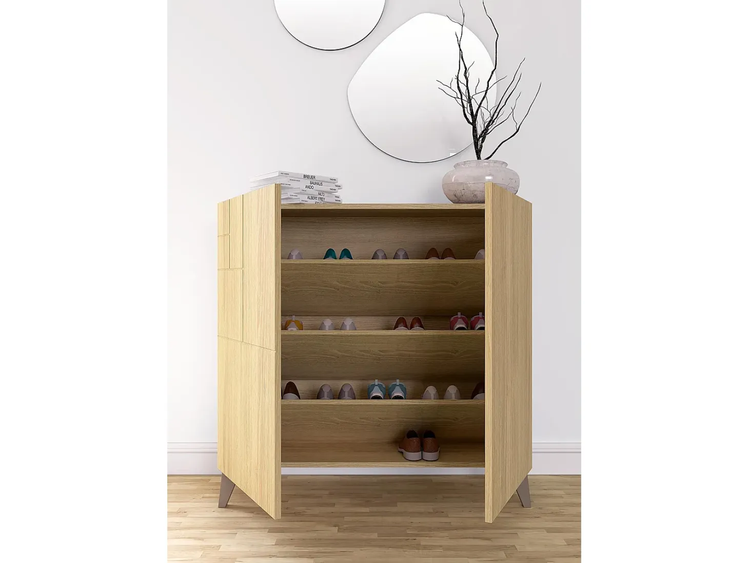 Mueble zapatero almacenaje - A87cm x L90cm x F27cm roble dorado patas moka – Bergen