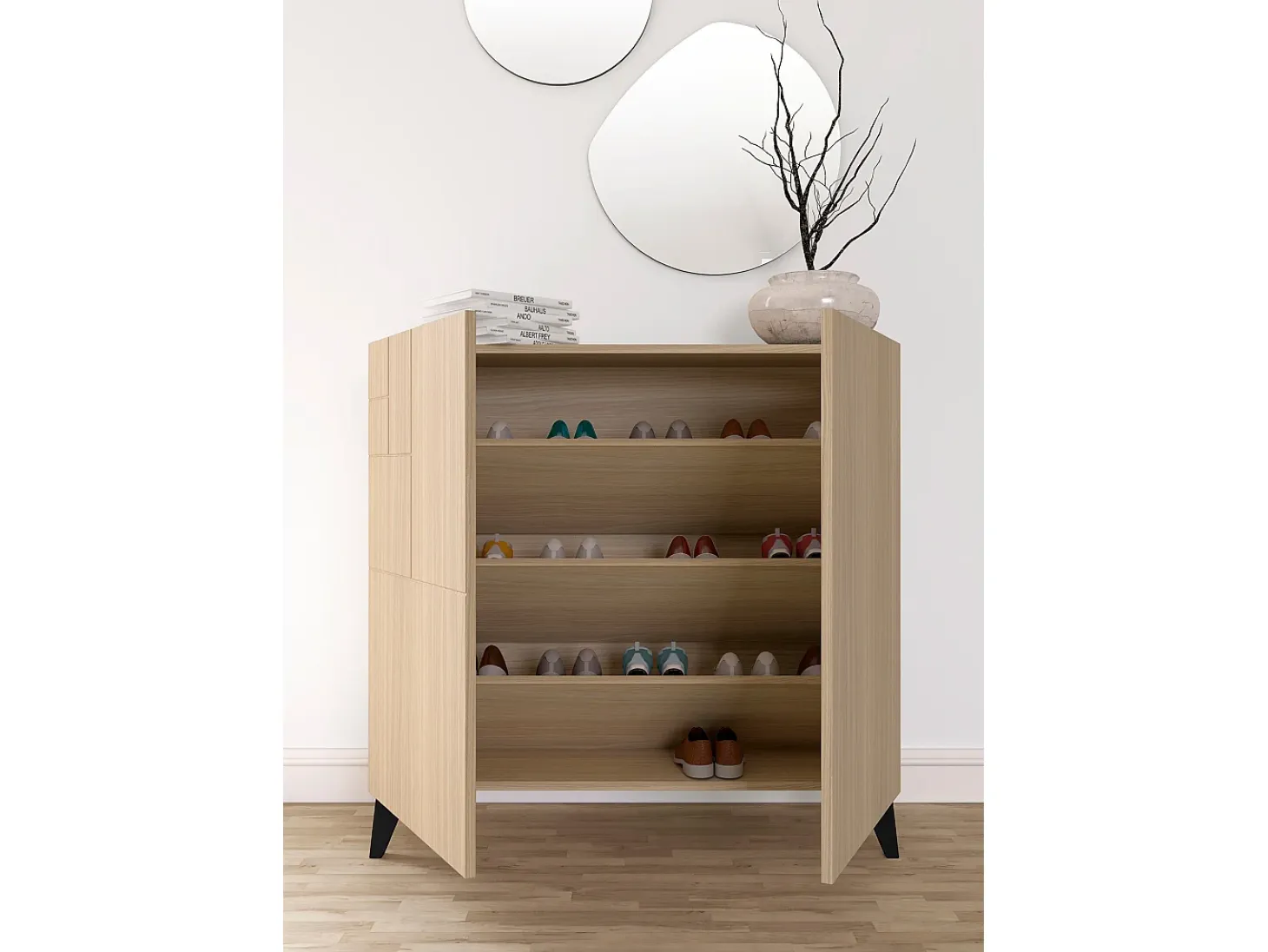 Mueble zapatero almacenaje - A87cm x L90cm x F27cm nogal claro patas negro - Bergen