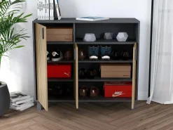 Mueble zapatero almacenaje - A86cm x L100cm x F37cm gris grafito puertas impresión vallado - Gotemburgo
