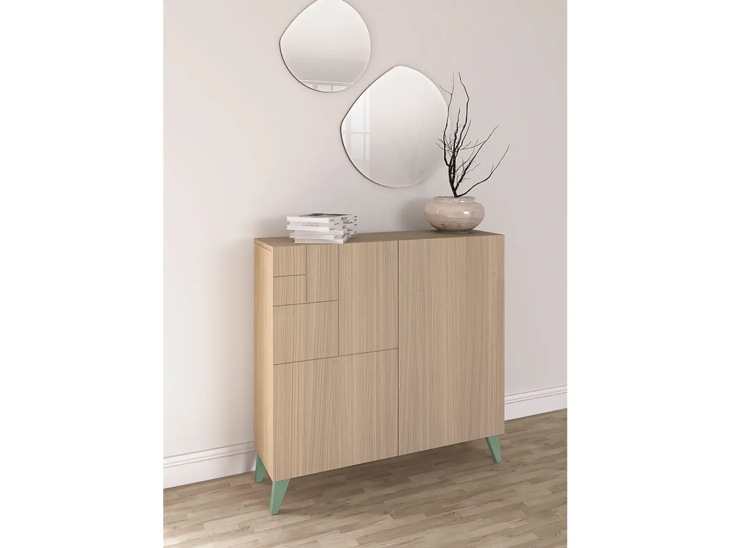 Mueble zapatero almacenaje - A87cm x L90cm x F27cm nogal claro patas verde - Bergen