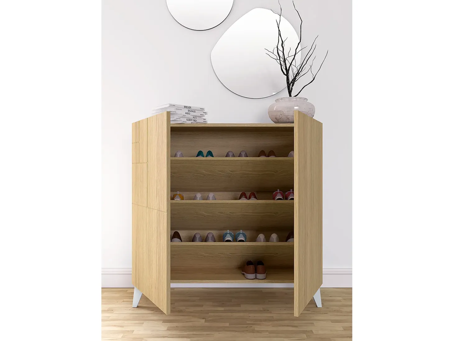 Mueble zapatero almacenaje - A87cm x L90cm x F27cm roble dorado patas blanco – Bergen