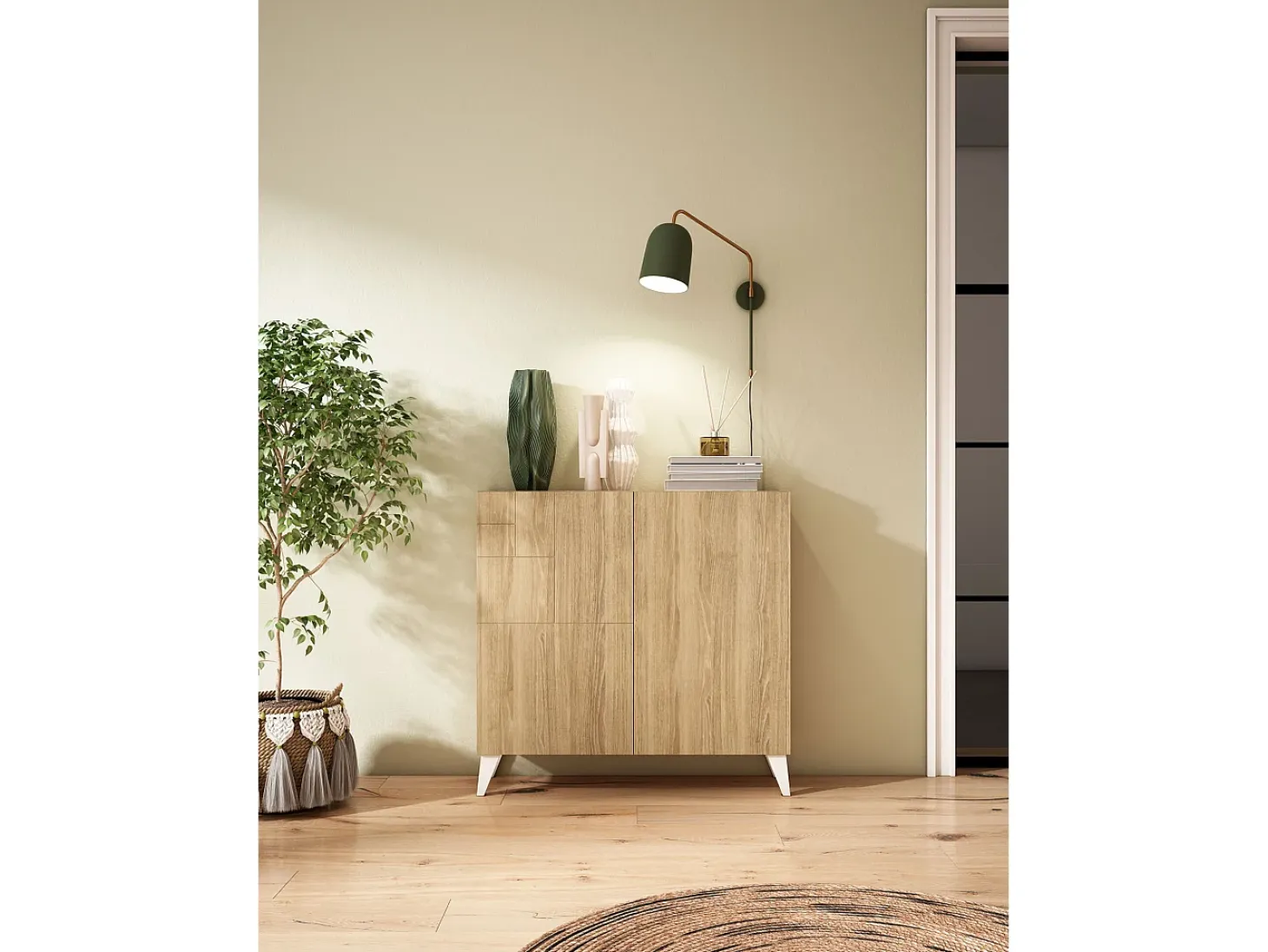 Mueble zapatero almacenaje - A87cm x L90cm x F27cm roble dorado patas blanco – Bergen