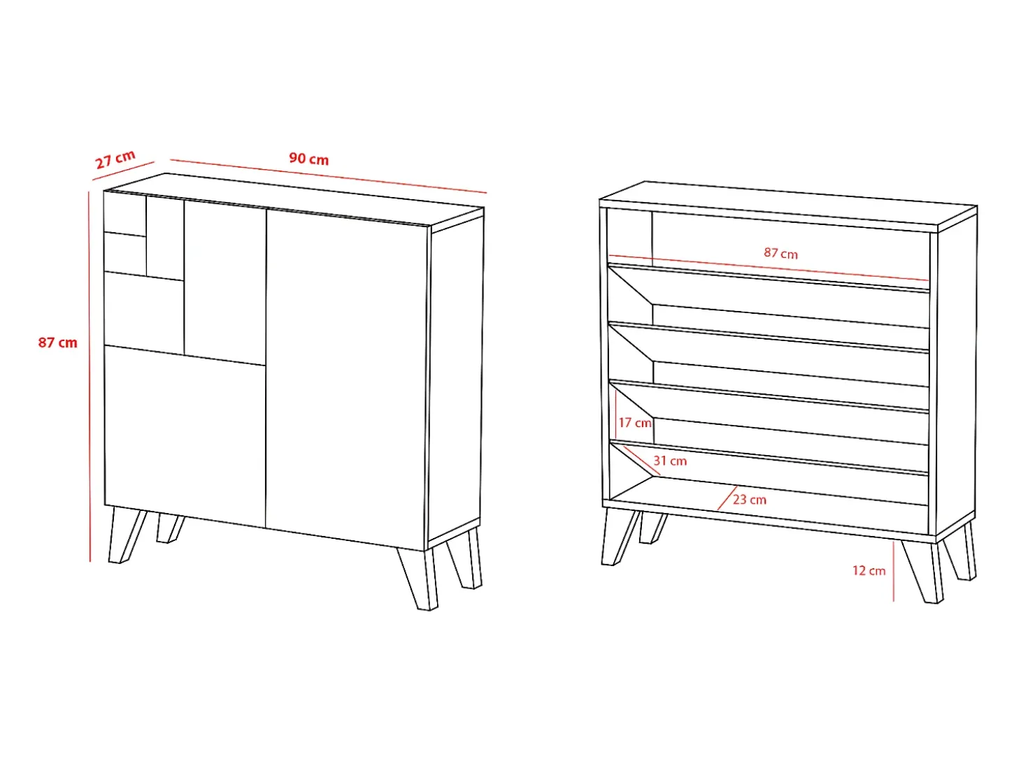 Mueble zapatero almacenaje - A87cm x L90cm x F27cm roble dorado patas blanco – Bergen