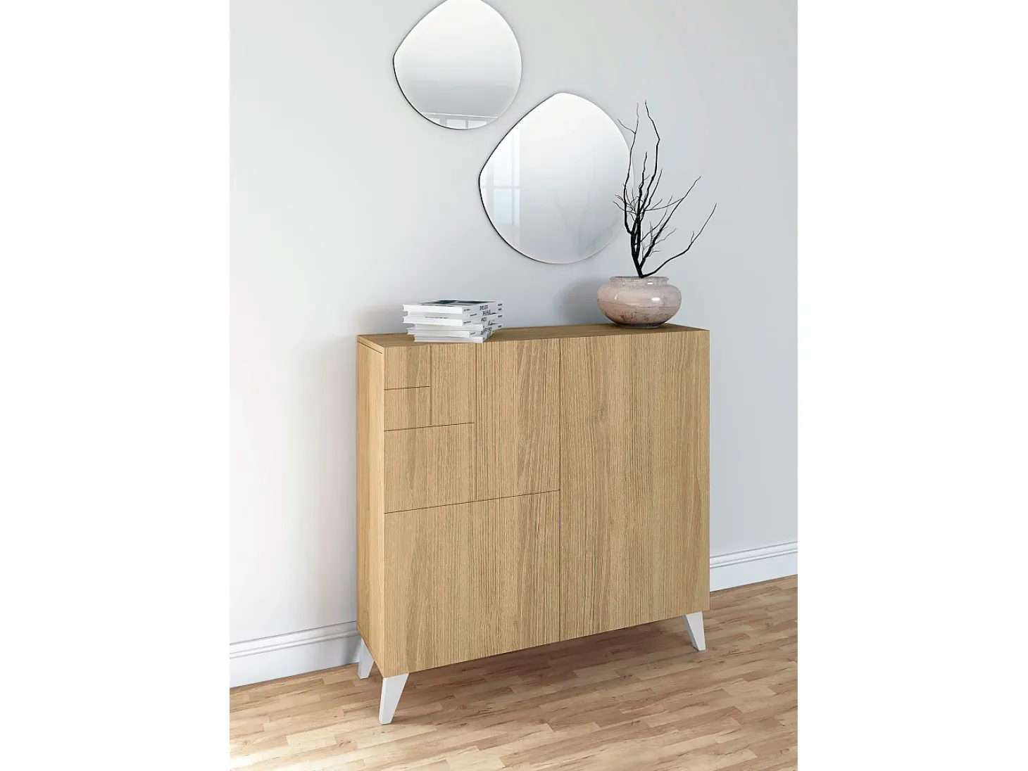 Mueble zapatero almacenaje - A87cm x L90cm x F27cm roble dorado patas blanco – Bergen